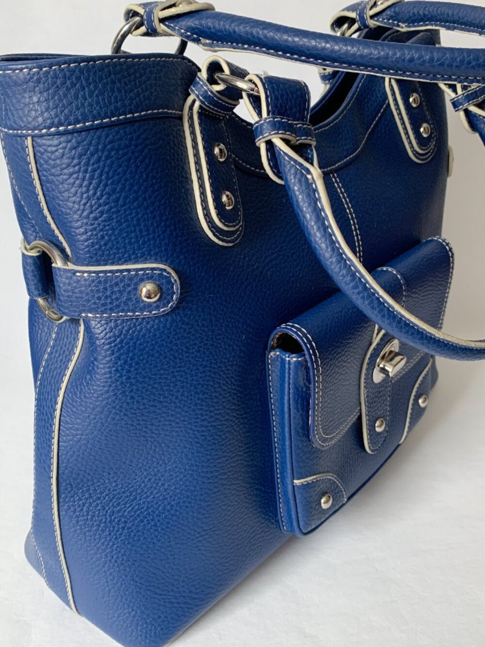 Wilsons Leather Satchel Handbag | Royal Blue | Leopard Print Lining - Picture 4 of 14